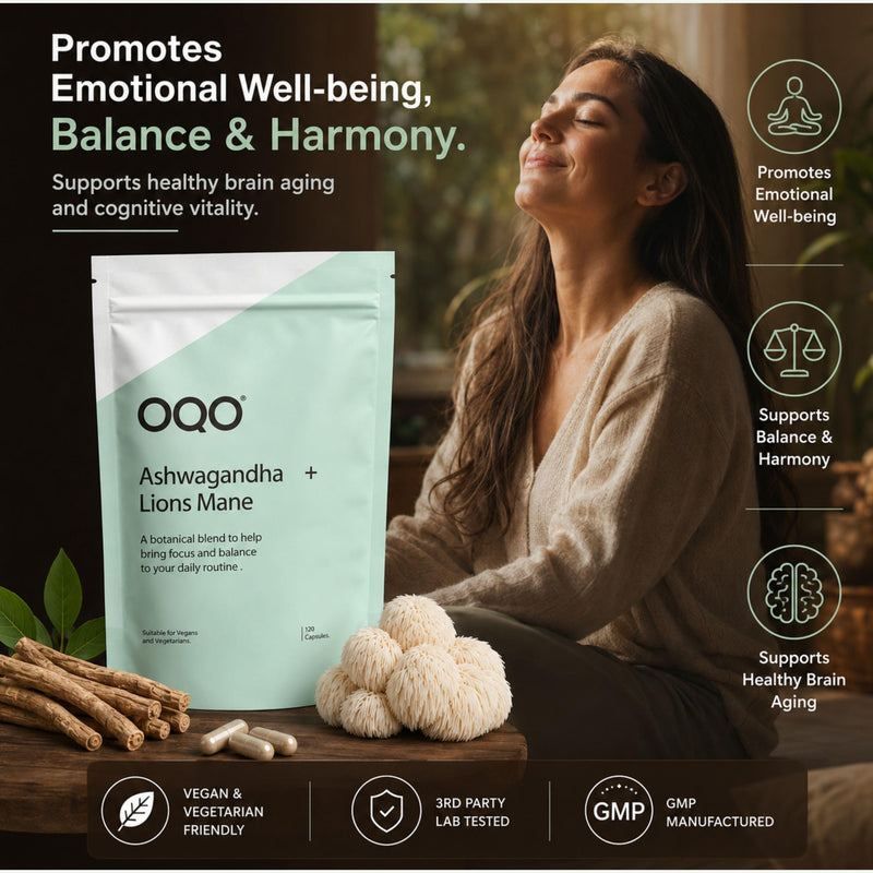 OQO Ashwagandha KSM-66 & Lion's Mane Capsules | High Strength 1400mg Ashwagandha & 600mg Lion's Mane | with Black Pepper Extract | Vegan & Vegetarian Friendly | 120 Capsules