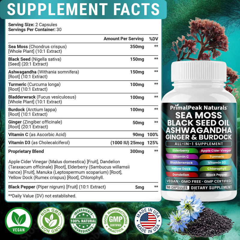 Sea Moss Black Seed Oil Ashwagandha Ginger Burdock Bladderwrack Turmeric & Vitamin C Vitamin D3 with ACV Elderberry Chlorophyll Dandelion Yellow Dock Vegan Capsules - 120 Count 60 Count (Pack of 2)