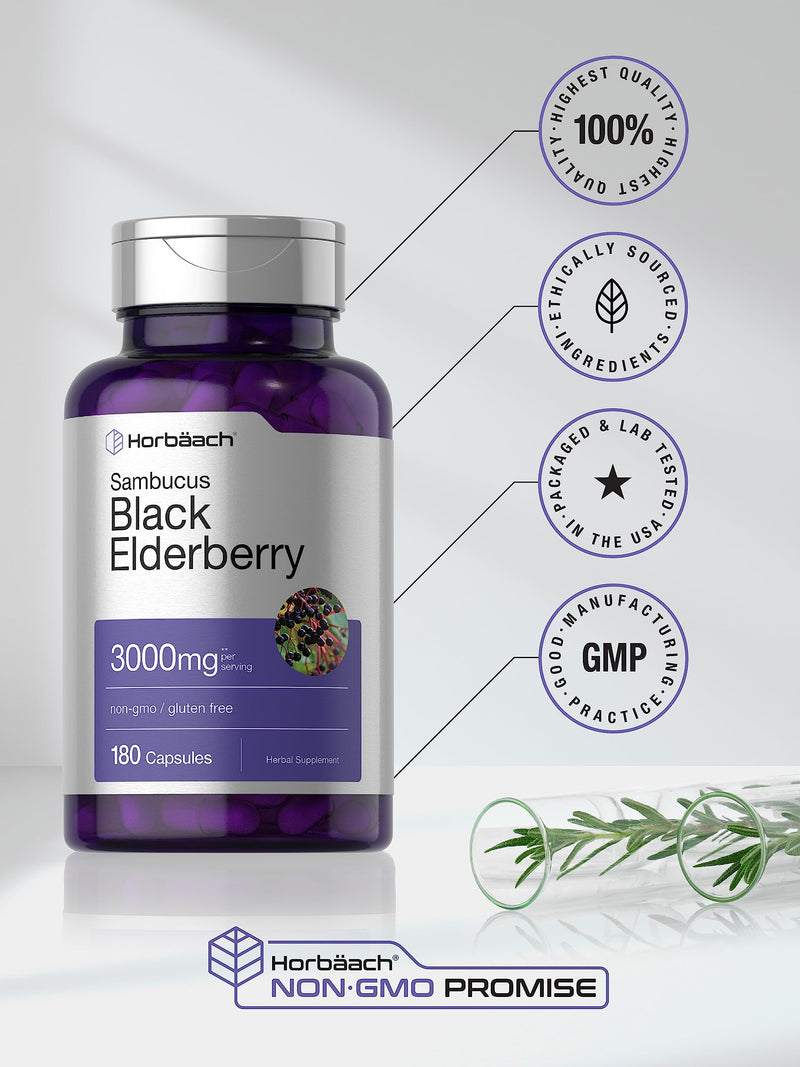 Horbäach Black Elderberry | 3000mg Capsules | 180 Count | Non-GMO, Gluten Free | Sambucus Extract Supplement