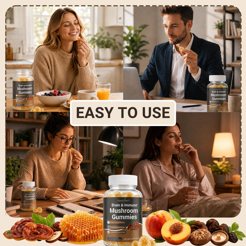 Brain & Immune Mushroom Gummies with Organic 10-Mushroom Blend, Elderberry, Vitamin C & D3 | for Focus, Memory, Immune Support & Balanced Energy, Honey Peach Flavor, 80 Gummies