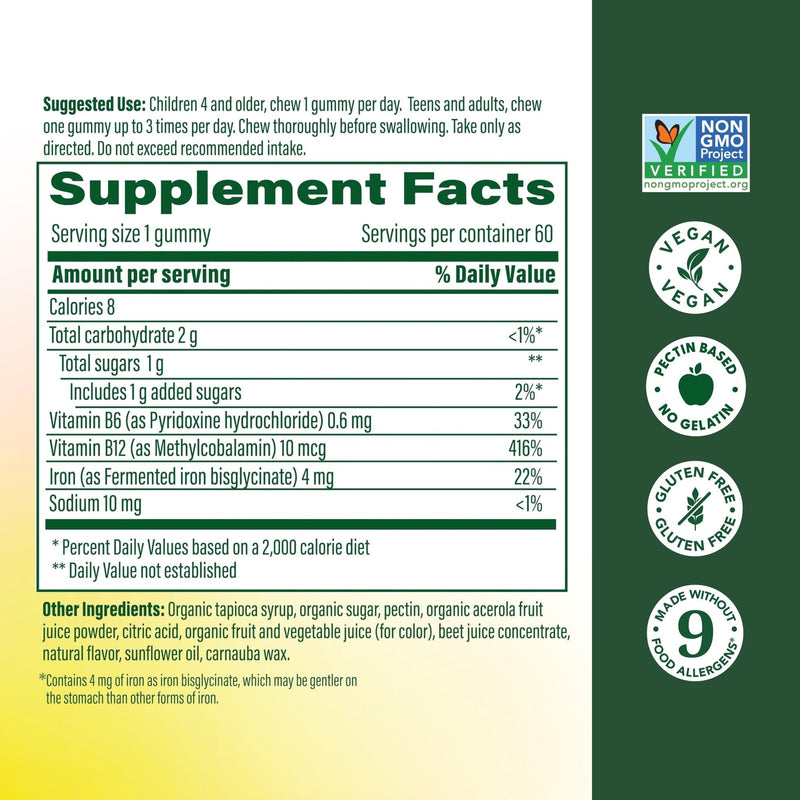 MegaFood Iron Energy Gummies, Energy Support, Vegan, Strawberry, 60 Gummies | Iron Supplement for Women, Men, Teens and Kids with Gentle Iron Bisglycinate, Vitamin B12 & Vitamin B6, Non-GMO, 60 Servings