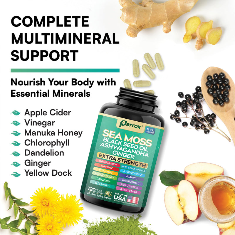 Sea Moss Black Seed Oil Supplement, 16-in-1 Ashwagandha, 120 Capsules | Ashwagandha, Turmeric, Chlorophyll, Dandelion, Ginger, Vitamins D3 & C, Elderberry, ACV, Burdock, Manuka 120 Count (Pack of 1)