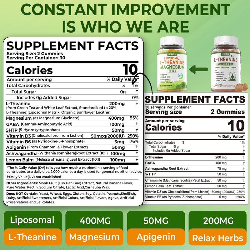 Liposomal L-Theanine 200mg Magnesium Glycinate 400mg Gummies with GABA, 5HTP, Apigenin, Vitamin B6 & D3, Ashwagandha, Lemon Balm Leaf, Melatonin Free Sleep Chewable for Relax Mood & Muscle, 1 Pack Pack of 1