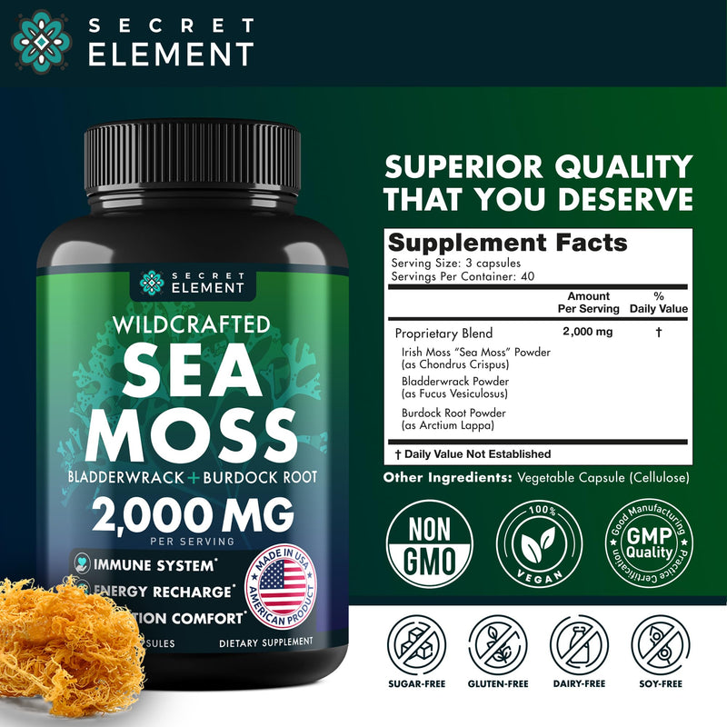[Australia] - Sea Moss Capsules - Irish Sea Moss Advanced with Burdock Root, Bladderwrack & Muira Puama for Immunity, Gut, & Energy - Superfood Sea Moss Supplements w/Raw Sea Moss Powder - 120 Irish Seamoss Pills 120 Count (Pack of 1) 