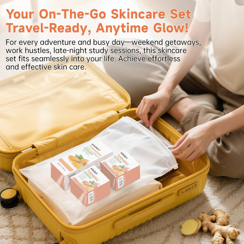 3PCS Turmeric Soap & Serum Set - Turmeric Face Serum + 2 Turmeric Soap Bars with Vitamin C & E - Deep Cleanses Pores, Reduces Acne, Controls Oil, Soothes Skin - Hydrating Facial Kit for All Skins Turmeric+3Pcs