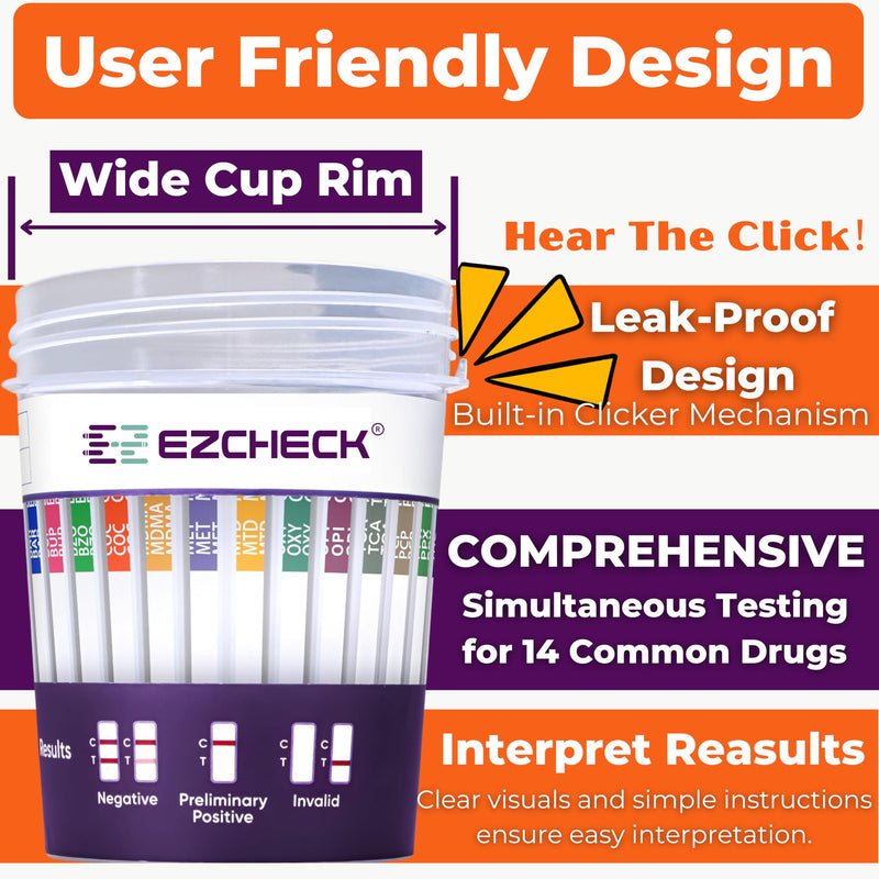 [5 Test Cups] 14-Panel EZCHECK® Multi-Drug Urine Test Cup – at-Home Instant Testing for 14 Substances - Fast Result in 5 mins