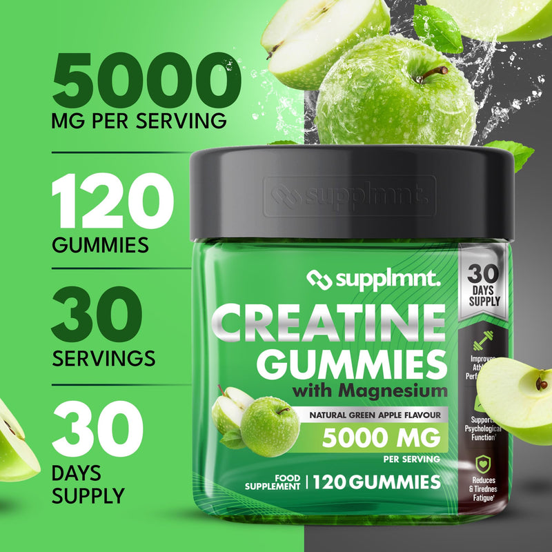 Supplmnt. Creatine Gummies 5000mg 120ct Max Strength for Men and Women Creatine Monohydrate with Added Magnesium - Vegan Pre Workout Chewable Gummies, Apple Flavour (30-Day Supply)