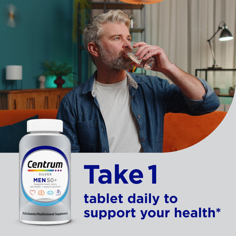 Centrum Silver Men's 50+ Multivitamin with Vitamin D3, B-Vitamins, Zinc for Memory and Cognition - 200 Tablets | Contains Vitamins D3, E, B6, and B12, Gluten Free, Non-GMO Ingredients, GLP-1 Support New 200 Count (Pack of 1)