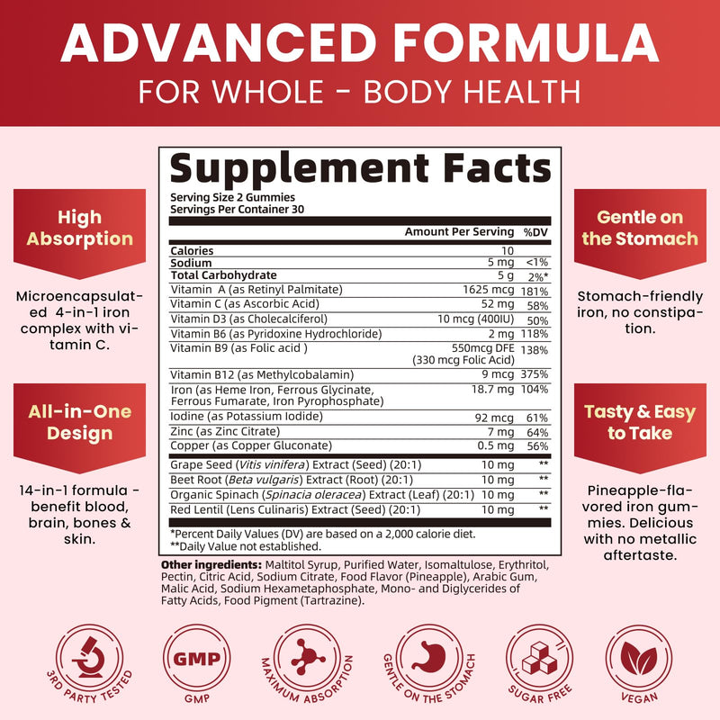 Iron Gummies for Women, 4-Source Iron Supplement with Vitamin C, Folate | 14-IN-1 Gentle Vegan Gummy With B12, B6 & Copper, Blood-Building & Energy Support Pineapple Flavor, 120 Count