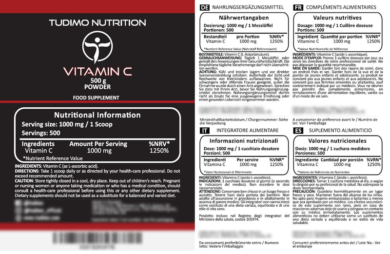 Vitamin C Powder 1000mg per Serving - Bulk Pack 500g | High Strength Ascorbic Acid, Multi-Use Immune & Wellness Support | Easy to Mix, 100% Vegan and Pure, Non-GMO | Scoop Included