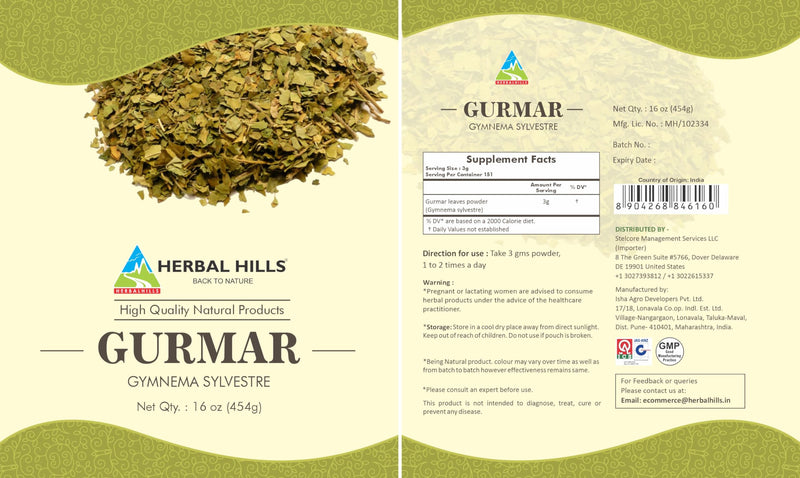 [Australia] - HERBAL HILLS Gurmar Powder (Gymnema sylvestre/Natural Gudmar Leaf/Leaves Powder) | 16 Oz (454 GMS) | Help to Maintain Normal Glucose Levels 