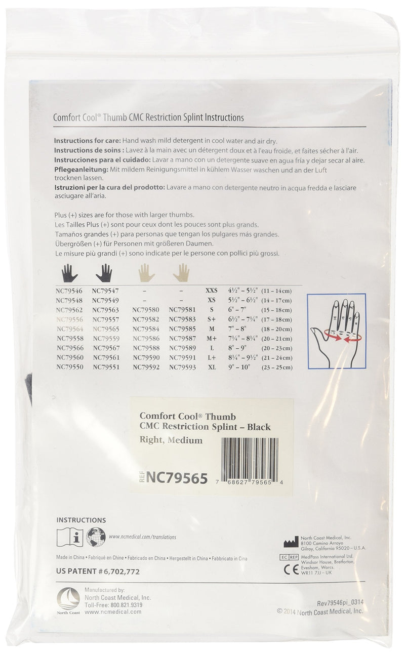 [Australia] - Comfort Cool Thumb CMC Restriction Splint, Provides Direct Support for The Thumb CMC Joint While Allowing Full Finger Function, Right Hand, Medium, black, 78405 