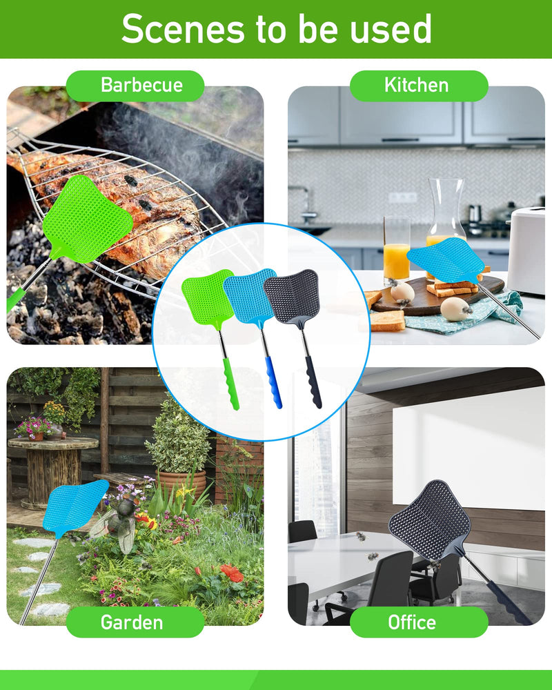 3 pcs Fly Swatter, Fly Swatter Plastic,Telescopic Fly Swatters, Large Bug Swatter That Work for Indoor and Outdoor. (Black Blue Green)