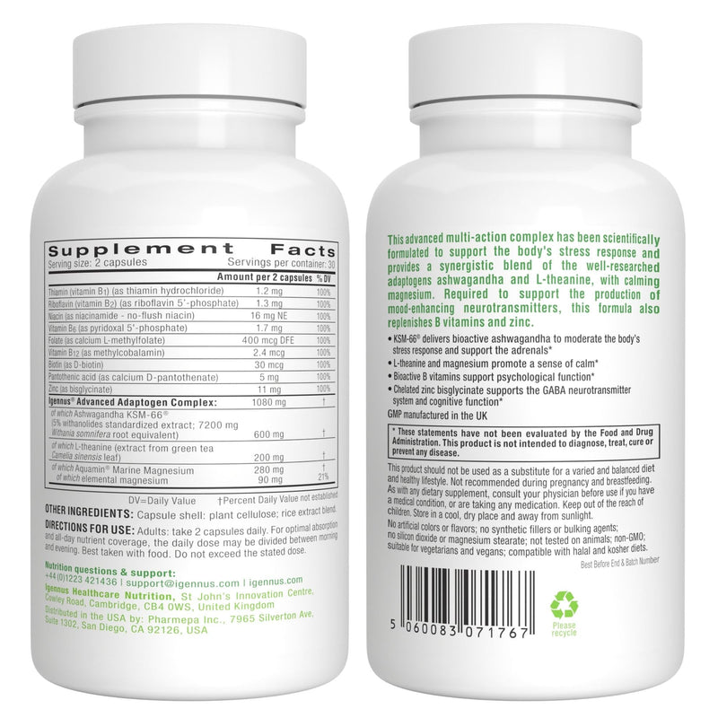 [Australia] - Advanced Ashwagandha KSM-66, L-Theanine & Magnesium, Clean Label, Multi Action Adaptogen Complex for Stress Support with Zinc & B Vitamins, 60 Vegan Capsules, by Igennus… 60 Count (Pack of 1) 
