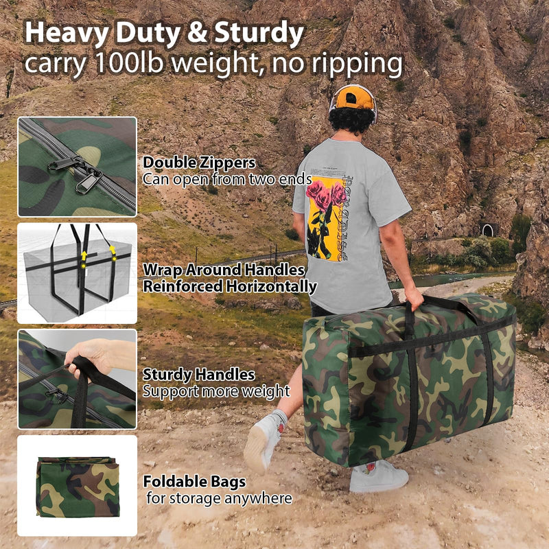 2-Pack Camo 26 Gal Extra Large Foldable Duffle Bags | Camouflage, heavy-duty, reinforced handles, metal zippers & water-resistant Oxford, ideal for travel, storage & moving