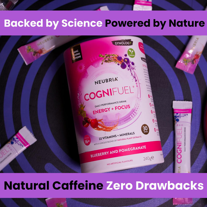 NEUBRIA Cognifuel - 10 Hydration Sachets with Electrolytes, Caffeine, L-Theanine, Choline, L-Tyrosine & Vitamins - Daily Nootropic Drink for Gym & Workout, Cognition, Focus | Blueberry & Pomegranate 10 SACHETS BLUEBERRY