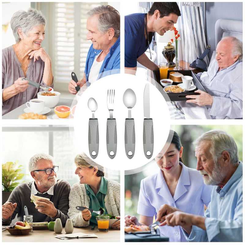Extra Wide Handles Easy Grip Cutlery Set of 4 Disability Aids,Chunky Handles, Corfort Grips Disability Ideal Dining aid for Elderly Disabled Arthritis Parkinson's Disease Tremors Sufferers Grey
