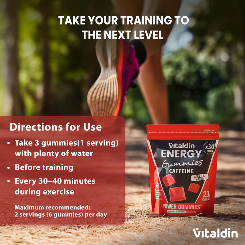 VITALDIN Sport Power Gummies Caffeine & Taurine – Quick & Sustained Energy – 80 mg Caffeine, 40 mg Taurine per Serving + Vitamin B6 – 30 Chewable Gummy Bites – Berries Flavour – Vegan