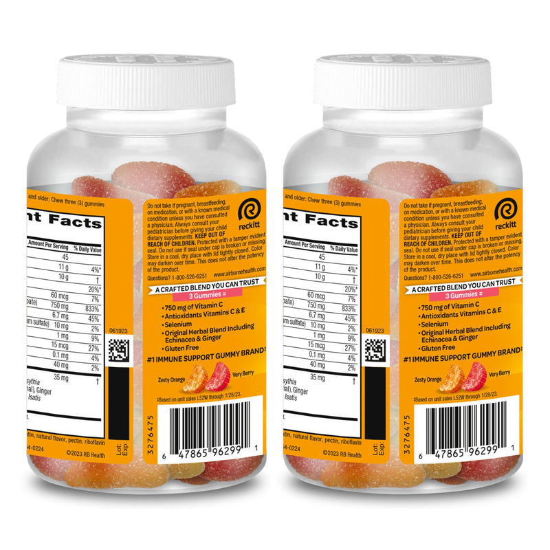 Airborne 750mg Vitamin C Gummies for Adults, Immune Support Supplement with Powerful Antioxidants Vitamins A C & E - 2x63ct Bottles (126 Gummies), Assorted Fruit Flavor | Antioxidants Vitamins A, D & E + Zinc, Selenium, and Manganese, Herbal Blend, Nat...