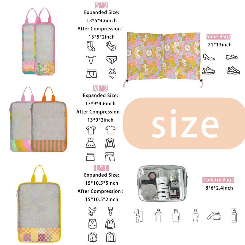 7 Pcs Compression Packing Cubes for Travel Luggage, Lightweight Suitcase Organizer Bags Set, Compression Packaging Cube for Travel Essentials, Packing Cubes for Carry on Suitcase Macaron