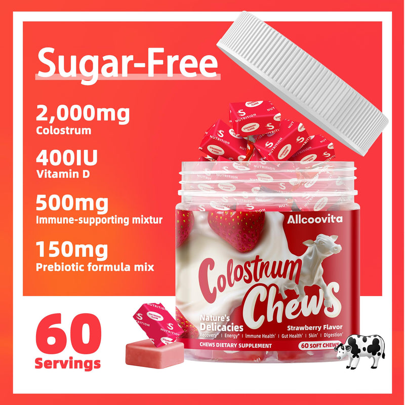 [Australia] - Bovine Colostrum Chews Supplement with probiotics for Gut Health, Bloating, Immune Support, Skin, Hair Growth and Beauty - Strawberry Flavor (60 Servings) 60 Count (Pack of 1) 