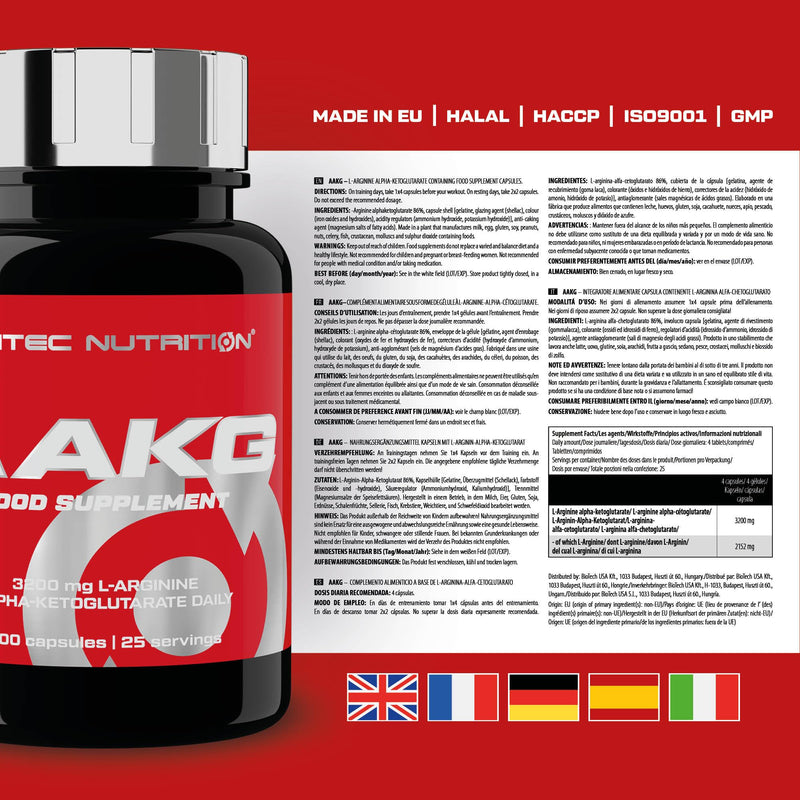 Scitec Nutrition AAKG - Advanced Formula with 3200 mg L-Arginine Alpha-Ketoglutarate - Pre-Workout Capsules for Athletes - 100 Capsules