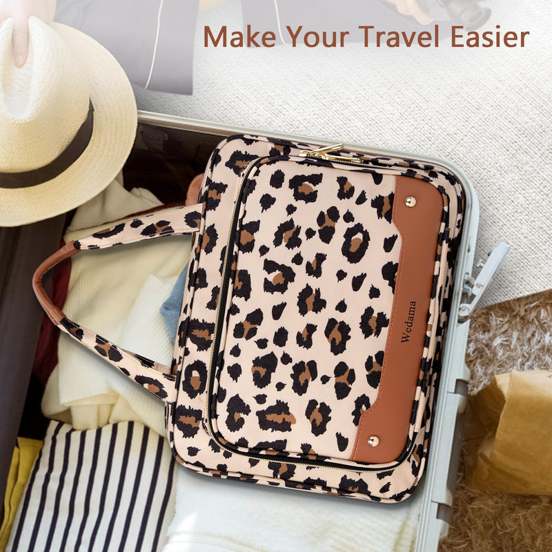 Toiletry Bag for Women, Hanging Travel Toiletry Bag with Jewelry Organizer Compartment Large Makeup Bag, PVC Waterproof Cosmetic Travel Bag Trips Camping Bathroom, Leopard Print