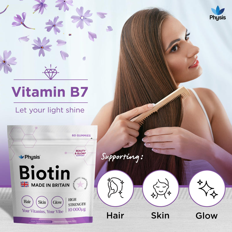 Physis British Biotin Gummies | 10,000mcg High Strength | Hair Skin Nails Vitamins | Natural Growth Supplement | Radiance Health | 60 x Gummies Mouth-Watering Watermelon | Biotin Supplement