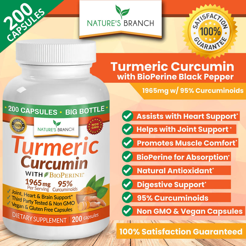 [Australia] - Turmeric Curcumin with Black Pepper BioPerine - 𝟮𝟬𝟬 𝗖𝗔𝗣𝗦𝗨𝗟𝗘𝗦 - Extra Strength 1965mg Joint Support Supplement, High Absorption, Made in USA with Organic Powder Vegan Extract Complex Pills 