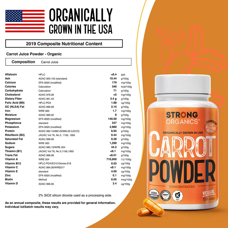 [Australia] - USDA Organic Carrot Powder Capsules (120), Grown in USA, Eye Support, Beta Carotene, Vitamin A, Carotenoids, Antioxidants,106¬∞F Max, Vegan, Kosher-2 Months Supply 