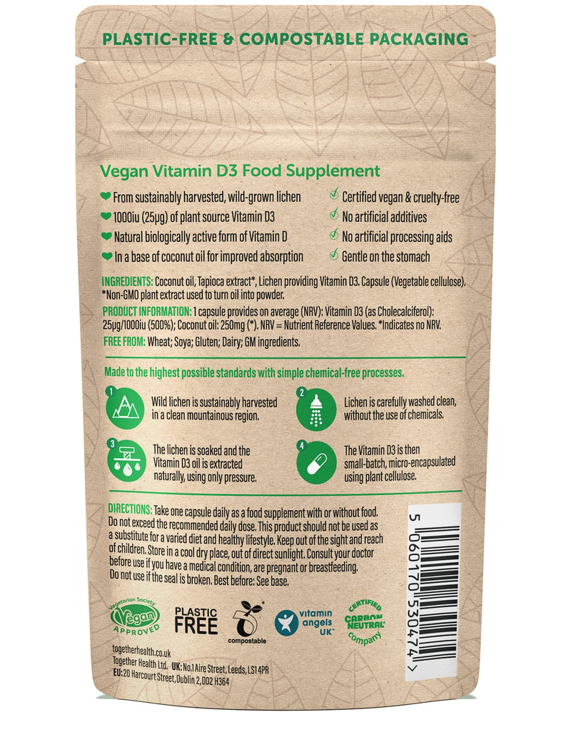 Vitamin D3 – Together Health – 1000iu Vitamin D3 – from Wild-Grown Lichen – Vegan Friendly – Made in The UK – Pack of 3-90 Vegecaps 90 Count (Pack of 3)