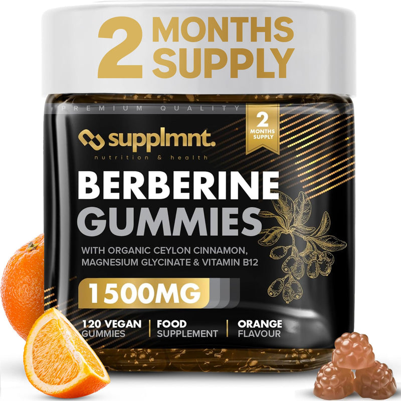 Supplmnt. Berberine Gummies - 2 Months Supply, 1500mg Berberine with 1000mg Ceylon Cinnamon, 2.4mg Vitamin B12 & 400mg Magnesium Glycinate - Powerful Metabolism & Immune Support Supplement - Orange