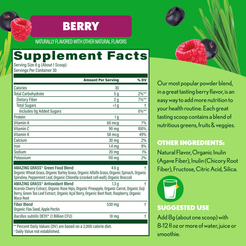 Amazing Grass Super Greens Powder Berry, 30 Servings, 8.5 oz 8.5 Ounce (Pack of 1)