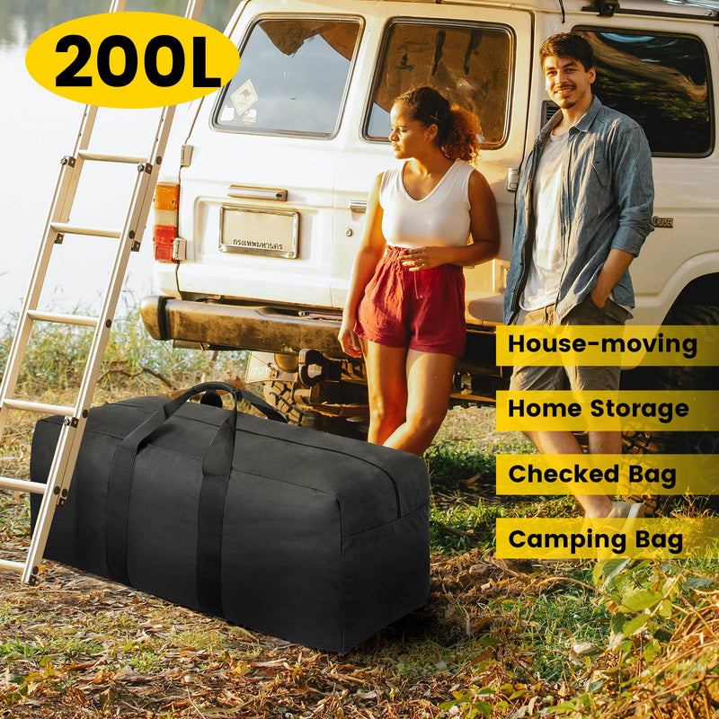 Vorspack 200L Extra Large Duffle Bag for Travel, Camping - Black | Foldable Travel Bag, Thickened 600D Polyester, Tear-Resistant, Padded Handle, Ideal for Moving, Weekend, Overnight, Hospital 200 l