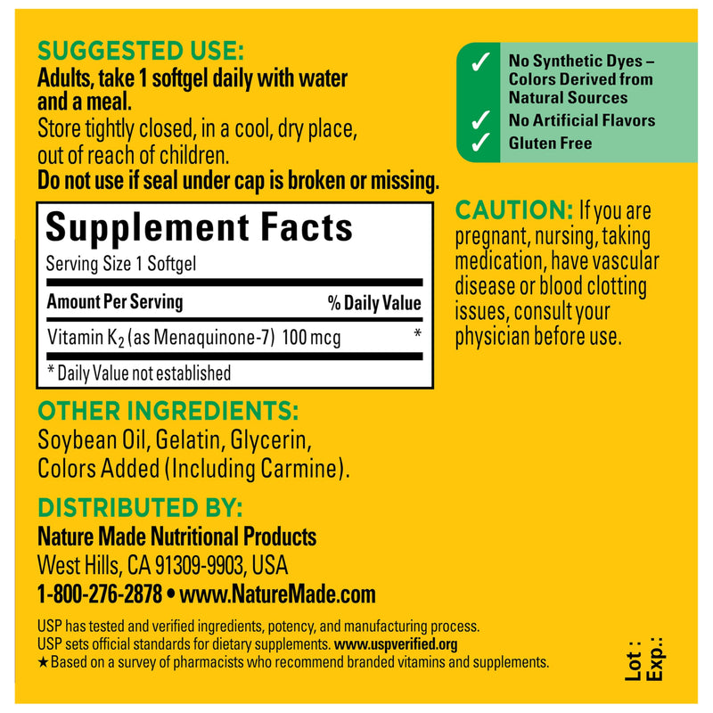 Nature Made Vitamin K2 100 mcg, 30 Softgels | Vitamin K2 Supplement, Vitamin K2 MK7 Form to Help Support Healthy Bones, USP Verified, 30 Day Supply 30 Count (Pack of 1)
