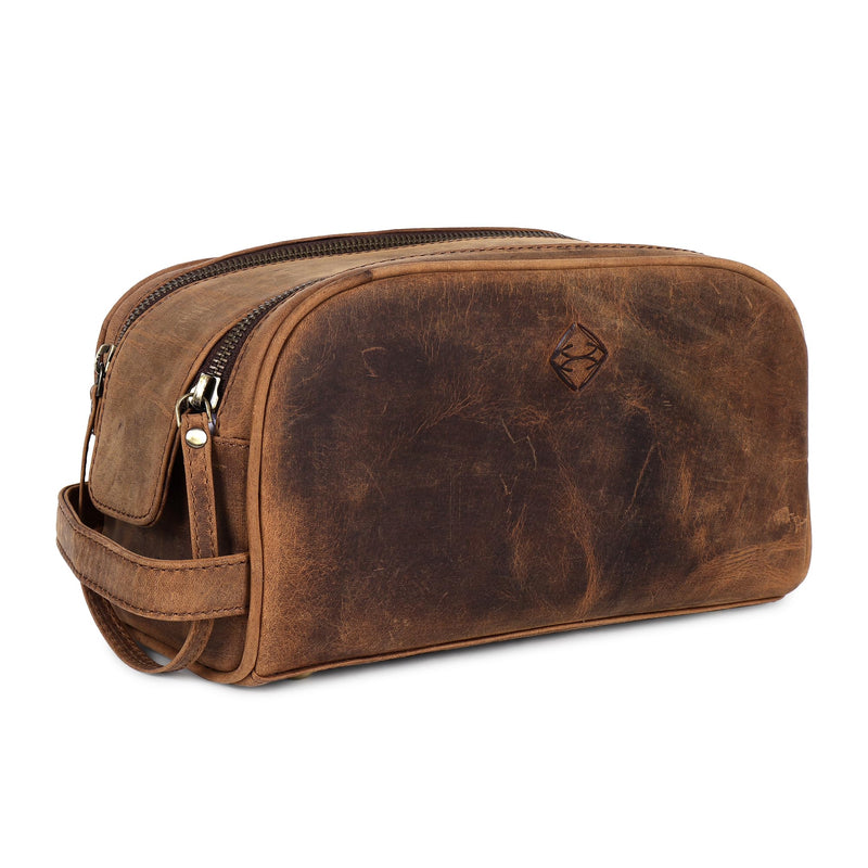 TRISKY Men's Leather Travel Toiletry Bag- Leather Dop Kit For Men & Women With Water Resistant Lining, King-size Handcrafted Bathroom Bag For Men- Tan Brown