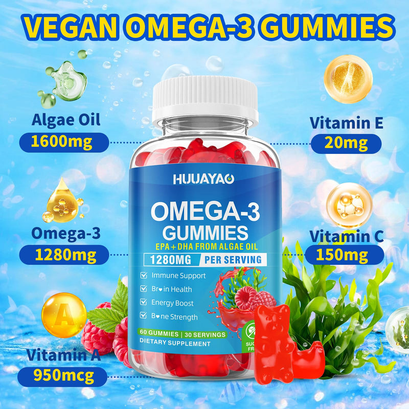 Vegan Omega-3 Gummies 1280mg, Omega 3 Fish Oil Alternative for Adults w/EPA 400mg & DHA 600mg & Vitamin A, C, E Supports Brain, Eye & Immune Health, Sugar Free, Raspberry Flavor, 120 Count 120 Count (Pack of 1)