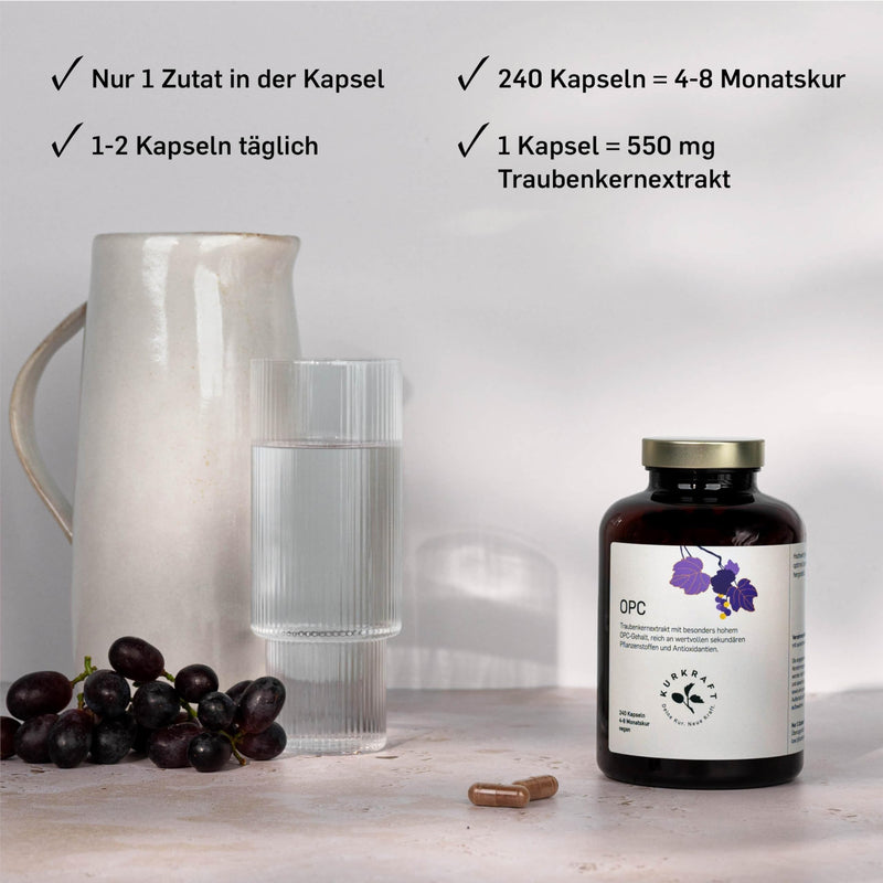 [Australia] - Kurkraft Premium OPC capsules (240 pieces) - 1100 mg grape seed extract with 770 mg OPC per daily dose (HPLC) - French grapes - vegan - without additives - German production 