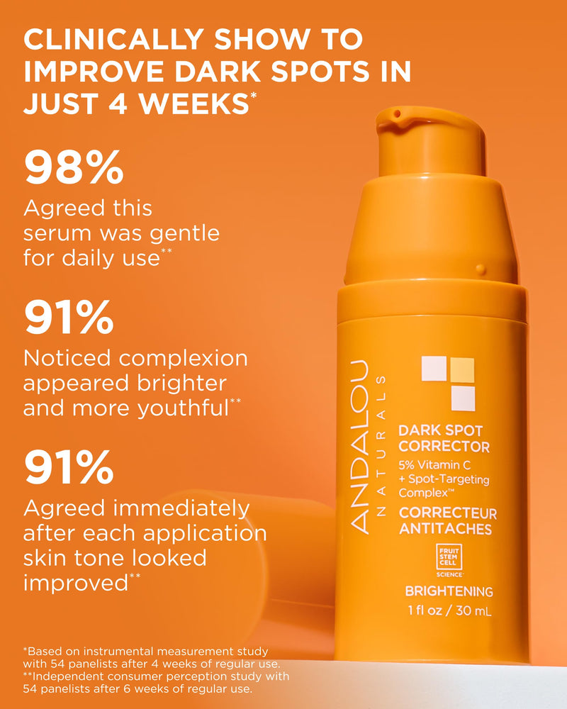 Andalou Naturals Dark Spot Corrector With Vitamin C (1 fl oz) | Face Serum for Uneven Skin Tone, Boost Radiance & Reduce Wrinkles, Pomegranate Stem Cells and Caffeine