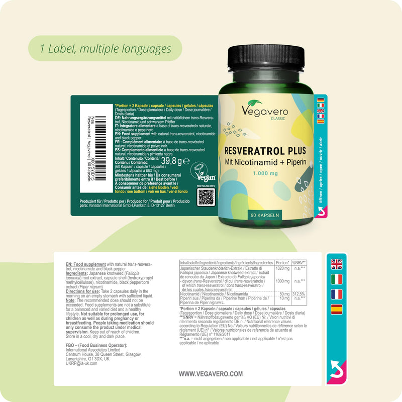 Vegavero Trans Resveratrol 98% 1000 mg | Natural Anti Aging & Skin Supplement | Pure from Japanese Knotweed | NO Additives | High Bioavailability with VIT B3 & Piperine | Lab Tested | Vegan