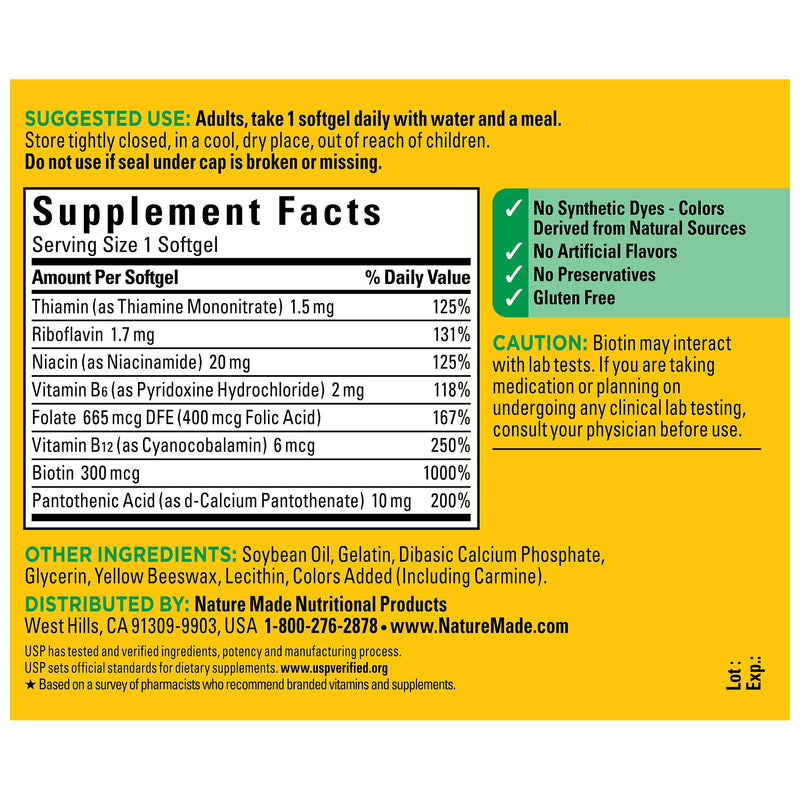 Nature Made Super B Complex Vitamins for Women and Men, 60 Softgels Unflavored 60 Count (Pack of 1)