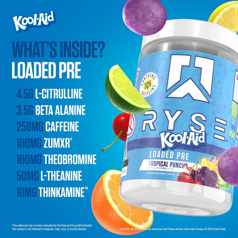 [Australia] - RYSE Loaded Pre Workout Powder - Kool-Aid Tropical Punch - Daily Pre-Workout for Men & Women with 325mg Caffeine, Beta Alanine, and Citrulline for Pump, Focus, and Energy - 30 Servings 
