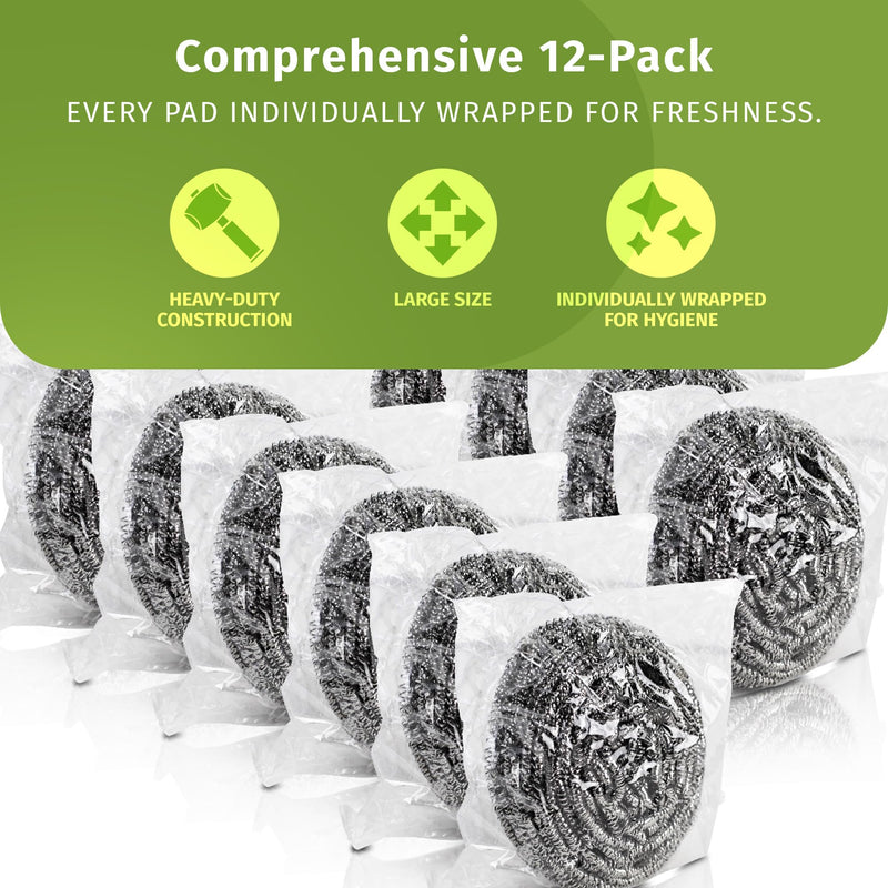 [Australia] - Brheez Stainless Steel Cleaner Scouring Pads [12 Pack] - Industrial & Commercial Strength Large Cleaning Supplies Dish Sponge - Individually Wrapped 30 Gram 