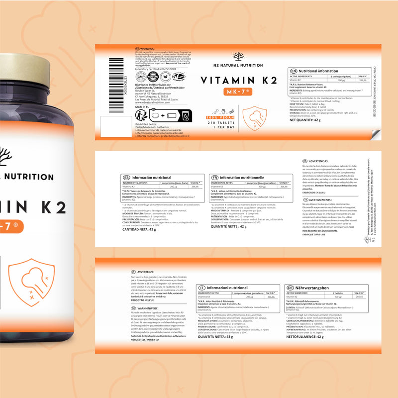 Natural Vitamin K2 Mk7 Capsules, High Concentration 200µg. for Hear, Brain and Bones. 120 Vegetable Capsules. UK Vegan Certified. N2 Natural Nutrition