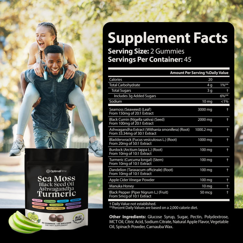 [Australia] - Sea Moss Gummies, Sea Moss 3000mg, Black Seed 2000mg, Ashwagandha 1000mg, Turmeric, Manuka Honey, ACV, Dandelion, Black Pepper, Burdock, Bladderwrack, Vegan, 90 gummies 