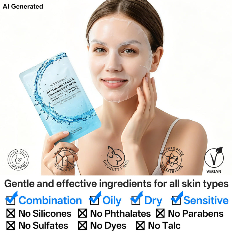 Collagen Face Mask 25PCS | With Hyaluronic Acid & Vitamin E, for dry/sensitive skin, Cruelty-free 1 Ounce (Pack of 25)