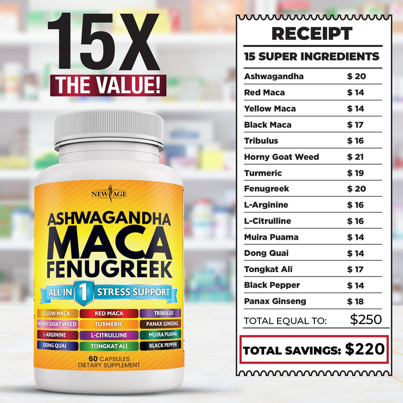 NEW AGE Ashwagandha 5000mg Maca Root 5000mg Fenugreek 3000mg Supplement with Tongkat Ali Ginseng - Assists with Overal Mood - Made in USA - 120 Count