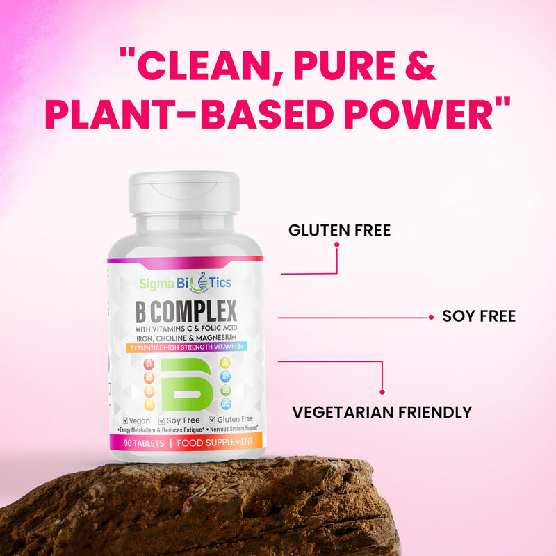 8 B Complex Vitamins, B12, Vitamin C - Folic Acid, Biotin, Choline, Magnesium, B1, B2, B3, B5, B6 Vitamins - Vegan & Gluten Free - 90 Tablets - One Per Day - 3 Months Supply