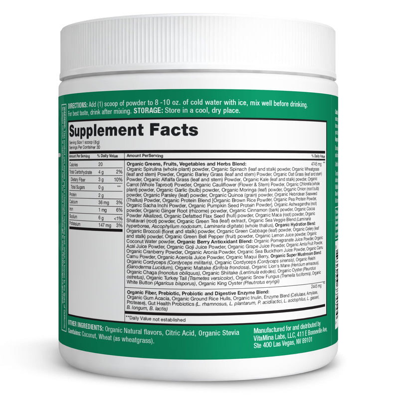 [Australia] - Zena Nutrition Organic Super Greens Powder, 70+ Superfoods, 0 Sugar, 3G Fiber, Spirulina, Chlorella, Antioxidants, Prebiotics/Probiotics, Digestive Enzymes, Green Apple, 30 Servings 