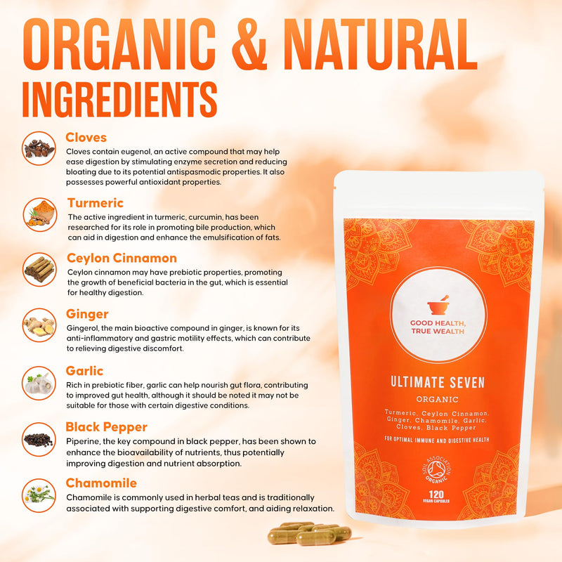 Organic Supplement Superfoods | 120 Natural Capsules | Multi-Blend of 7 Super Plant | Turmeric, Ceylon Cinnamon, Ginger, Chamomile, Cloves, Garlic, Black Pepper for Optimal Immune and Digestive Health